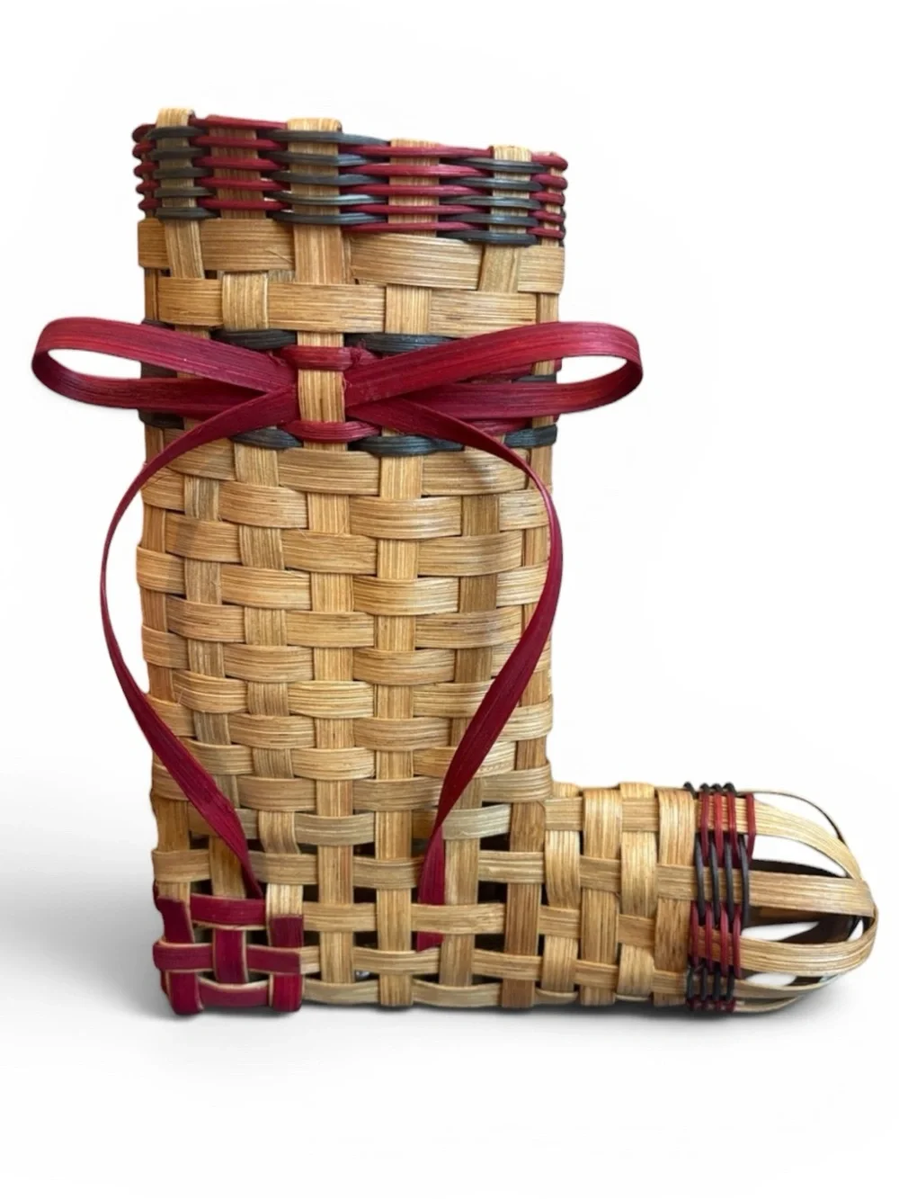 Christmas Stocking Handmade Woven Wicker Basket Holiday Decor Tan/Red